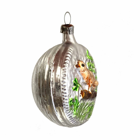 Bird on Branch Antiqued Blown Glass Half Ball Ornament ~ Germany ~ 2-1/2" tall