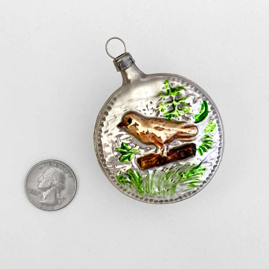 Bird on Branch Antiqued Blown Glass Half Ball Ornament ~ Germany ~ 2-1/2" tall