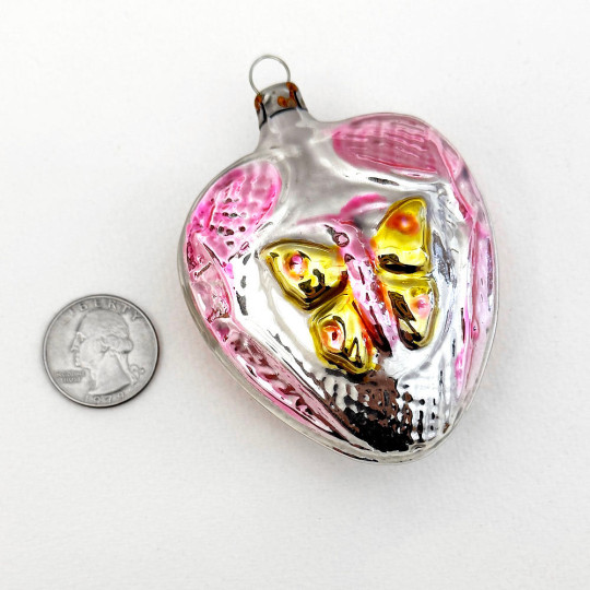 Butterfly and Flower Heart Blown Glass Ornament ~ Germany ~ 3" tall