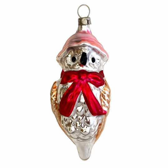 Owl in Pink Hat Blown Glass Ornament ~ Germany ~ 3-3/4" tall