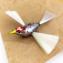 SIlver Bird with Spun Glass Wings Blown Glass Ornament ~ Germany ~ 5" long