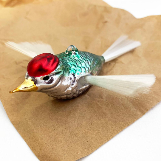 SIlver, Red and Green Bird with Spun Glass Wings Blown Glass Ornament ~ Germany ~ 5-1/2" long