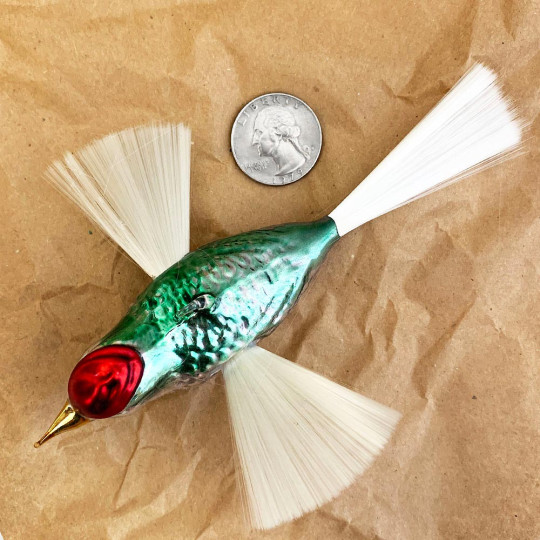 SIlver, Red and Green Bird with Spun Glass Wings Blown Glass Ornament ~ Germany ~ 5-1/2" long