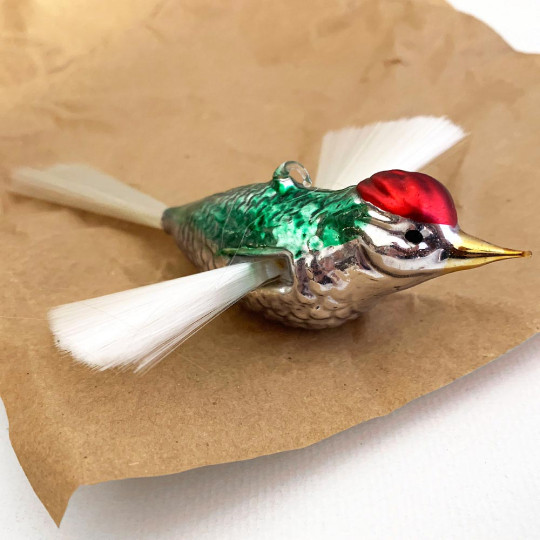 SIlver, Red and Green Bird with Spun Glass Wings Blown Glass Ornament ~ Germany ~ 5-1/2" long
