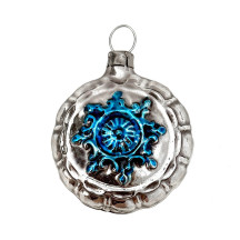 Shiny Blue Snowflake Blown Glass Ornament ~ Germany ~ 1-3/4" across