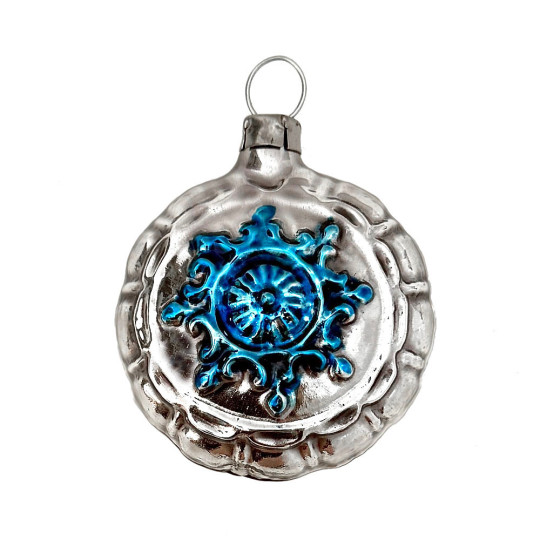 Shiny Blue Snowflake Blown Glass Ornament ~ Germany ~ 1-3/4" across