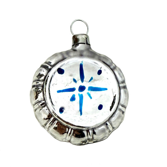 Shiny Blue Snowflake Blown Glass Ornament ~ Germany ~ 1-3/4" across