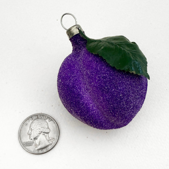 Sugared Plum with Leaf Blown Glass Christmas Ornament ~ Germany ~ 2-1/2" tall