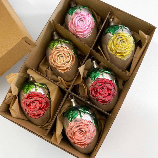 Colorful Rose Eggs Hand Painted Blown Glass Ornaments ~ Germany ~ Boxed Set
