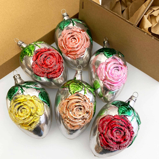 Colorful Rose Eggs Hand Painted Blown Glass Ornaments ~ Germany ~ Boxed Set