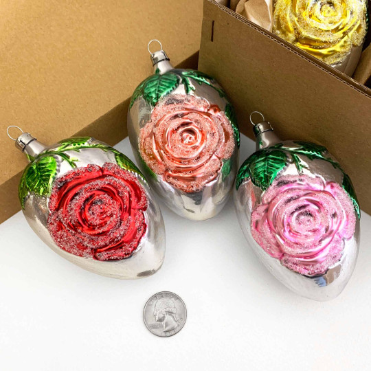 Colorful Rose Eggs Hand Painted Blown Glass Ornaments ~ Germany ~ Boxed Set