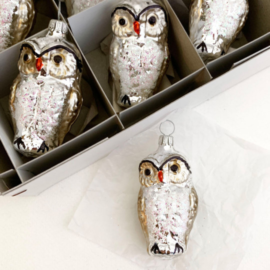 Silver Owl Blown Glass Ornament ~ Germany ~ 2-3/4" tall
