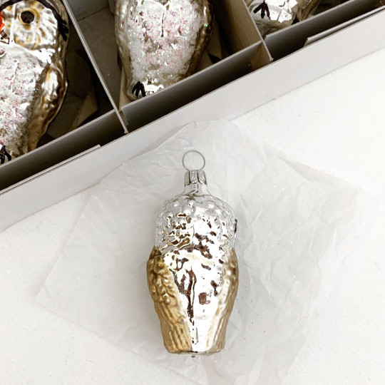 Silver Owl Blown Glass Ornament ~ Germany ~ 2-3/4" tall