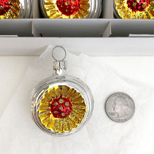 Shiny Silver Blown Glass Sunflower Indent Ornament ~ Germany ~ 2" tall