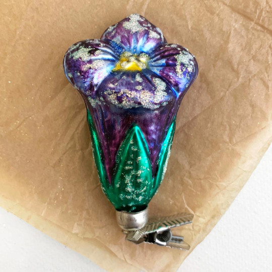 Purple Blossom on Clip Blown Glass Ornament ~ Germany ~ 3-1/2" tall