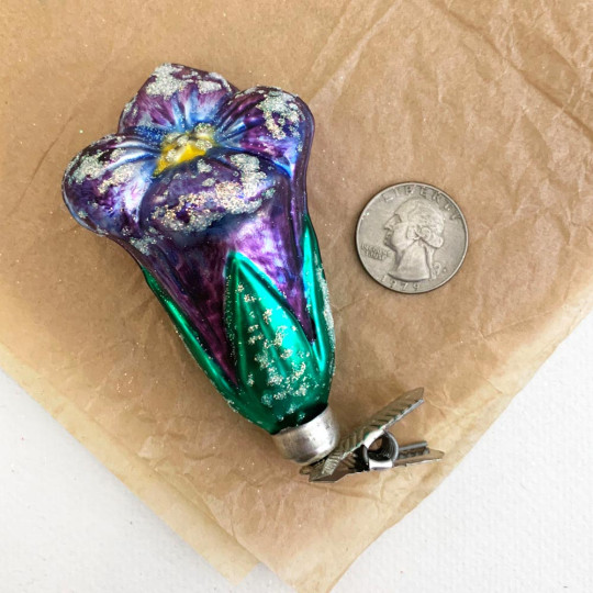 Purple Blossom on Clip Blown Glass Ornament ~ Germany ~ 3-1/2" tall