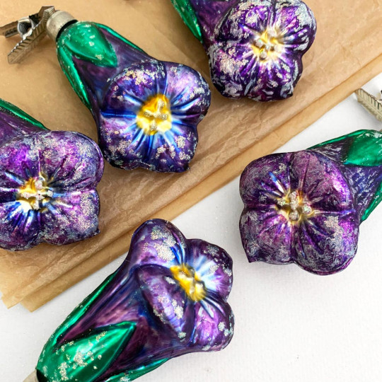 Purple Blossom on Clip Blown Glass Ornament ~ Germany ~ 3-1/2" tall