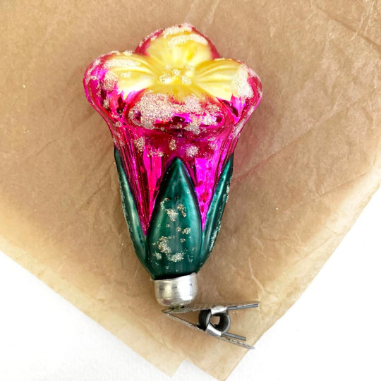 Hot Pink Blossom on Clip Blown Glass Ornament ~ Germany ~ 3-1/2" tall