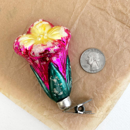 Hot Pink Blossom on Clip Blown Glass Ornament ~ Germany ~ 3-1/2" tall