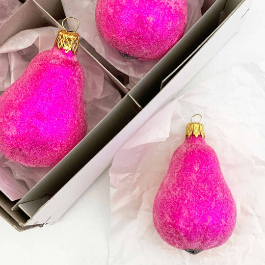 Sugared Hot Pink Blown Glass Pear Ornament ~ Czech Republic ~ 2-1/2" long