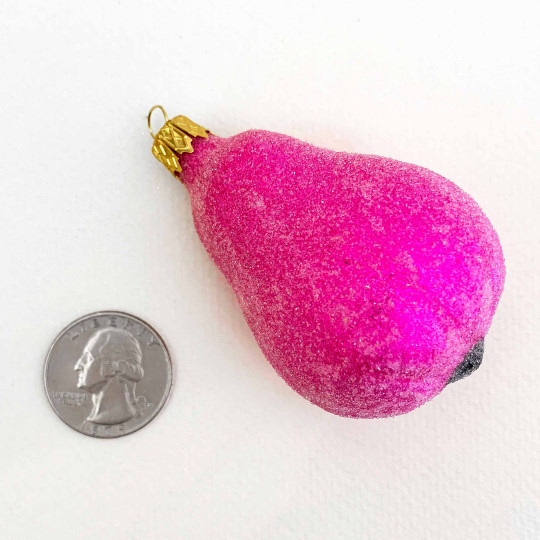 Sugared Hot Pink Blown Glass Pear Ornament ~ Czech Republic ~ 2-1/2" long
