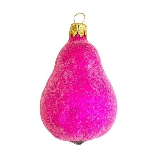 Sugared Hot Pink Blown Glass Pear Ornament ~ Czech Republic ~ 2-1/2" long