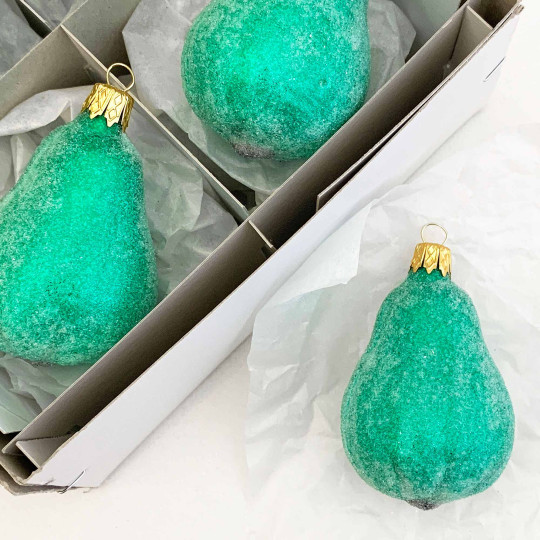 Sugared Light Green Blown Glass Pear Ornament ~ Czech Republic ~ 2-1/2" long
