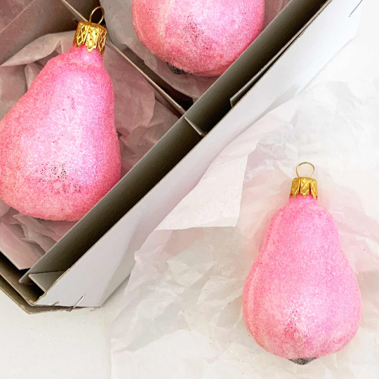 Sugared Light Pink Blown Glass Pear Ornament ~ Czech Republic ~ 2-1/2" long