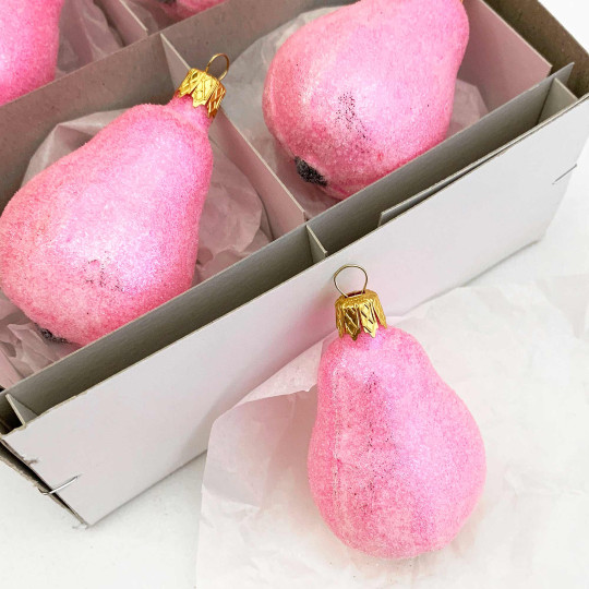 Sugared Light Pink Blown Glass Pear Ornament ~ Czech Republic ~ 2-1/2" long