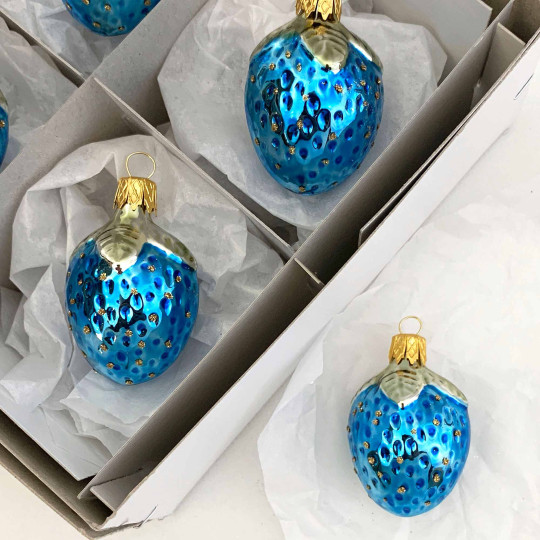Small Blue Strawberry Blown Glass Ornament ~ Czech Republic ~ 2" long