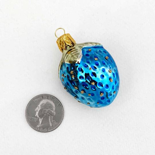 Small Blue Strawberry Blown Glass Ornament ~ Czech Republic ~ 2" long
