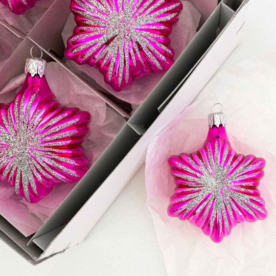 Hot Pink Christmas Star Blown Glass Ornament ~ Czech Republic ~ 2-3/4" tall