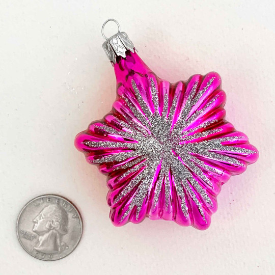 Hot Pink Christmas Star Blown Glass Ornament ~ Czech Republic ~ 2-3/4" tall