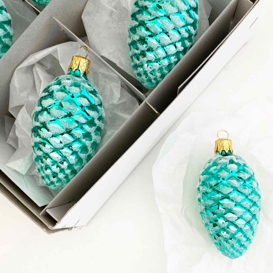 Aqua Classic Pine Cone Blown Glass Christmas Ornament ~ 2-1/2" long