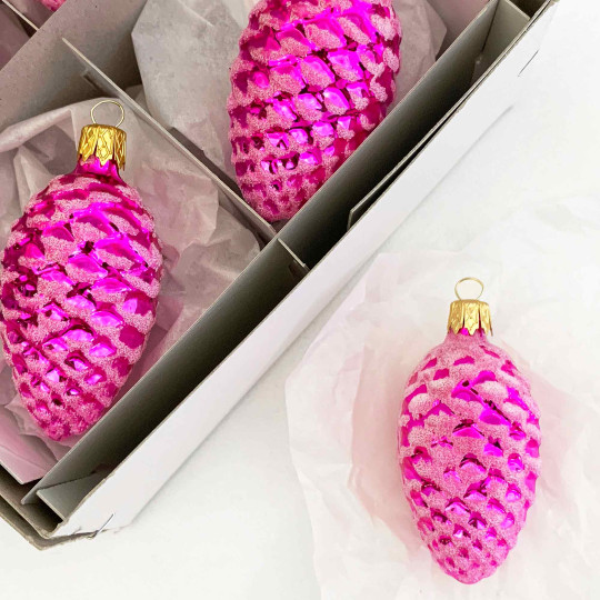 Hot Pink Classic Pine Cone Blown Glass Christmas Ornament ~ 2-1/2" long