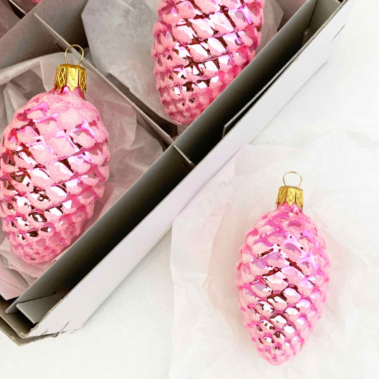 Light Pink Classic Pine Cone Blown Glass Christmas Ornament ~ 2-1/2" long