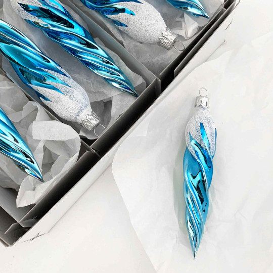 Light Blue Retro Twist Icicle Blown Glass Christmas Ornament ~ Czech Republic ~ 5" long