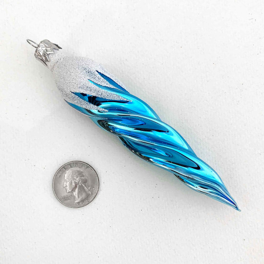 Light Blue Retro Twist Icicle Blown Glass Christmas Ornament ~ Czech Republic ~ 5" long
