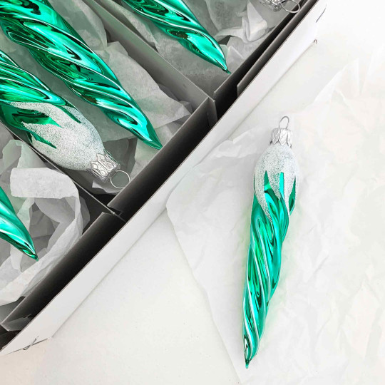 Light Green Retro Twist Icicle Blown Glass Christmas Ornament ~ Czech Republic ~ 5" long