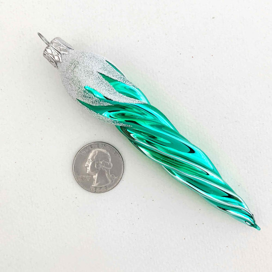 Light Green Retro Twist Icicle Blown Glass Christmas Ornament ~ Czech Republic ~ 5" long