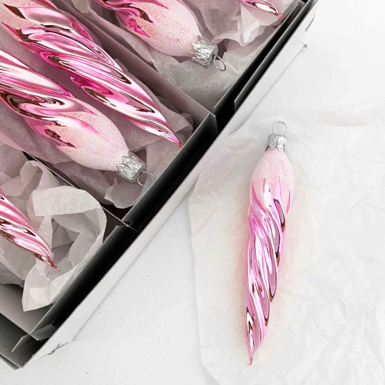 Light Pink Retro Twist Icicle Blown Glass Christmas Ornament ~ Czech Republic ~ 5" long