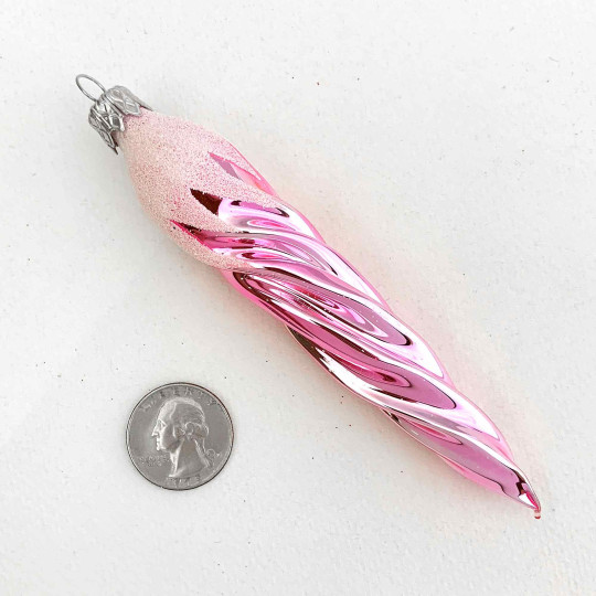 Light Pink Retro Twist Icicle Blown Glass Christmas Ornament ~ Czech Republic ~ 5" long