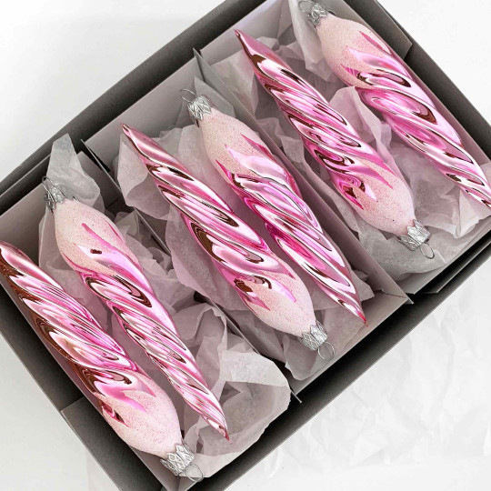 Light Pink Retro Twist Icicle Blown Glass Christmas Ornament ~ Czech Republic ~ 5" long