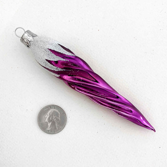Purple Retro Twist Icicle Blown Glass Christmas Ornament ~ Czech Republic ~ 5" long