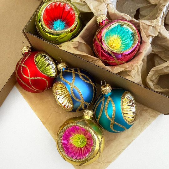Bright Color Two-Tone Reflector Indent Ornaments ~ Germany ~ Boxed Set