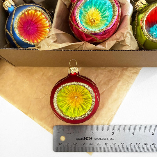 Bright Color Two-Tone Reflector Indent Ornaments ~ Germany ~ Boxed Set