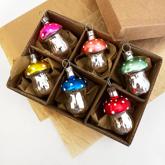 Colorful Small Mushrooms Blown Glass Ornaments ~ Germany ~ Boxed Set