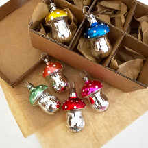 Colorful Small Mushrooms Blown Glass Ornaments ~ Germany ~ Boxed Set