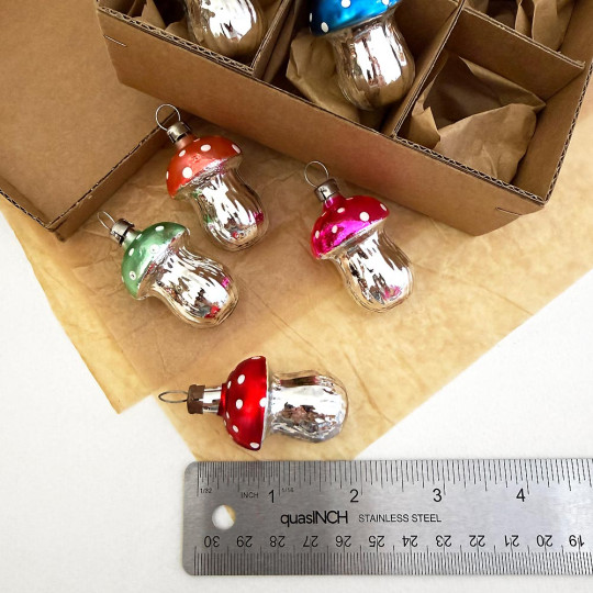 Colorful Small Mushrooms Blown Glass Ornaments ~ Germany ~ Boxed Set