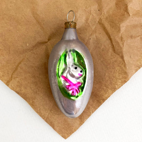Bunny on Egg Blown Glass Ornament ~ Germany ~ 2-5/8" tall